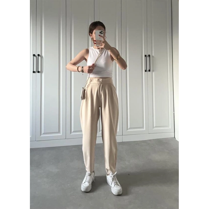 Beli Çift Düğme Detaylı Taş Kumaş Pantolon