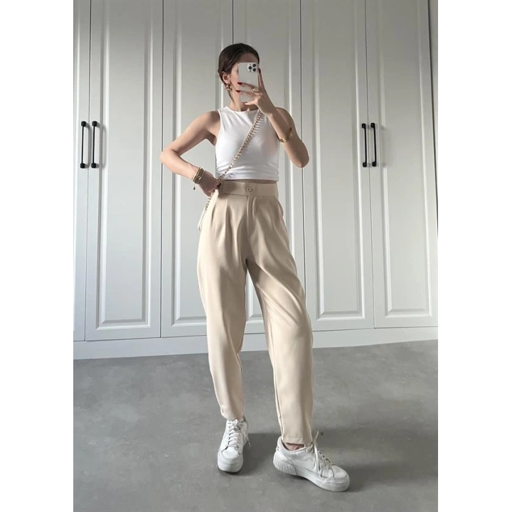 Beli Çift Düğme Detaylı Taş Kumaş Pantolon