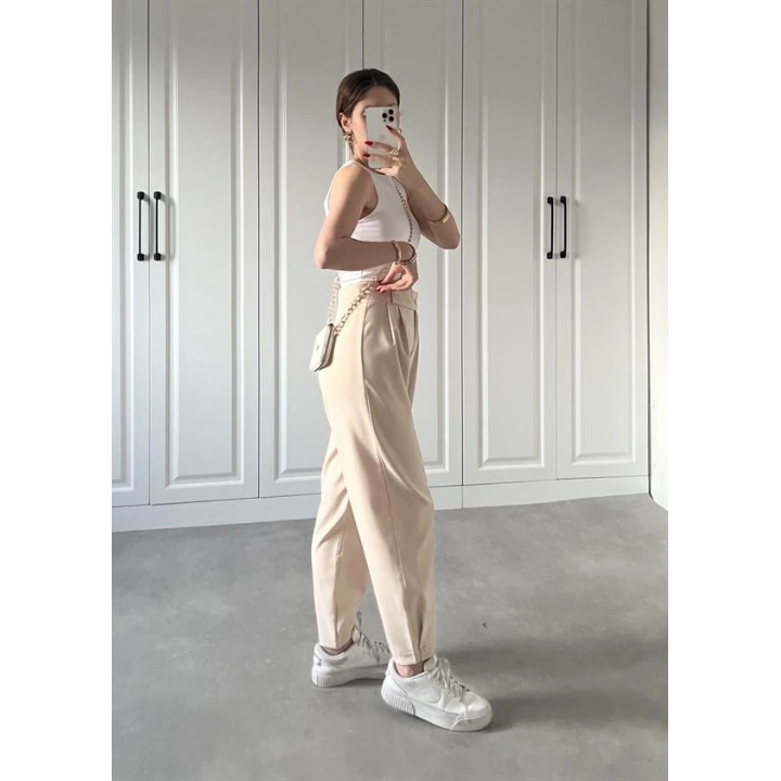 Beli Çift Düğme Detaylı Taş Kumaş Pantolon