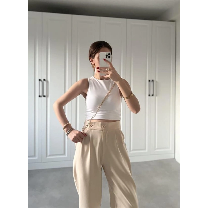 Beli Çift Düğme Detaylı Taş Kumaş Pantolon