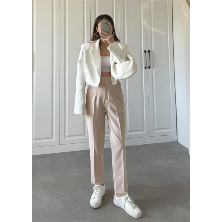 Beli Çımalı Krem Kapsül Kumaş Pantolon