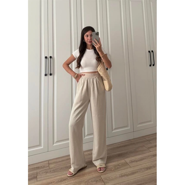 Beli Örgü Kemer Detaylı Taş Keten Palazzo Pantolon