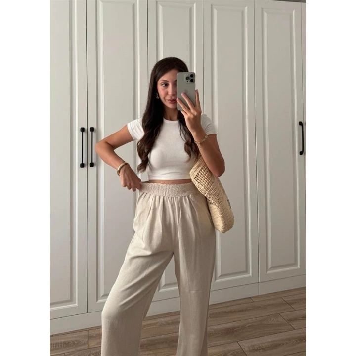 Beli Örgü Kemer Detaylı Taş Keten Palazzo Pantolon