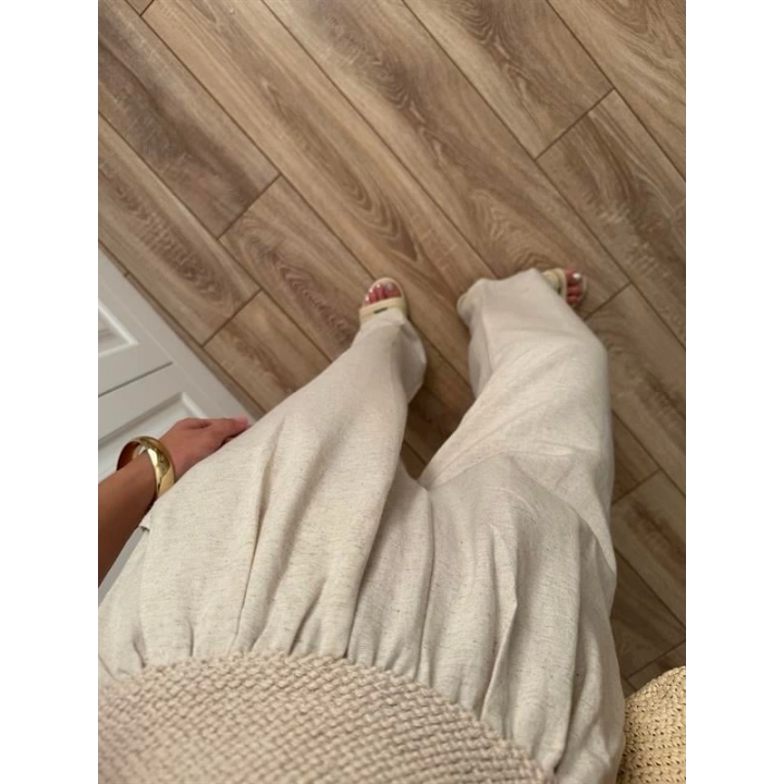 Beli Örgü Kemer Detaylı Taş Keten Palazzo Pantolon