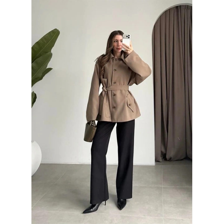 Bella Kuşaklı Astarlı Premium Haki Trençkot