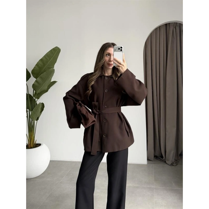 Bella Kuşaklı Astarlı Premium Kahve Trençkot
