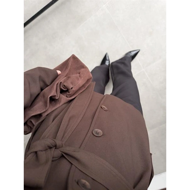 Bella Kuşaklı Astarlı Premium Kahve Trençkot