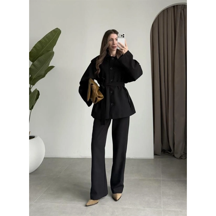 Bella Kuşaklı Astarlı Premium Siyah Trençkot