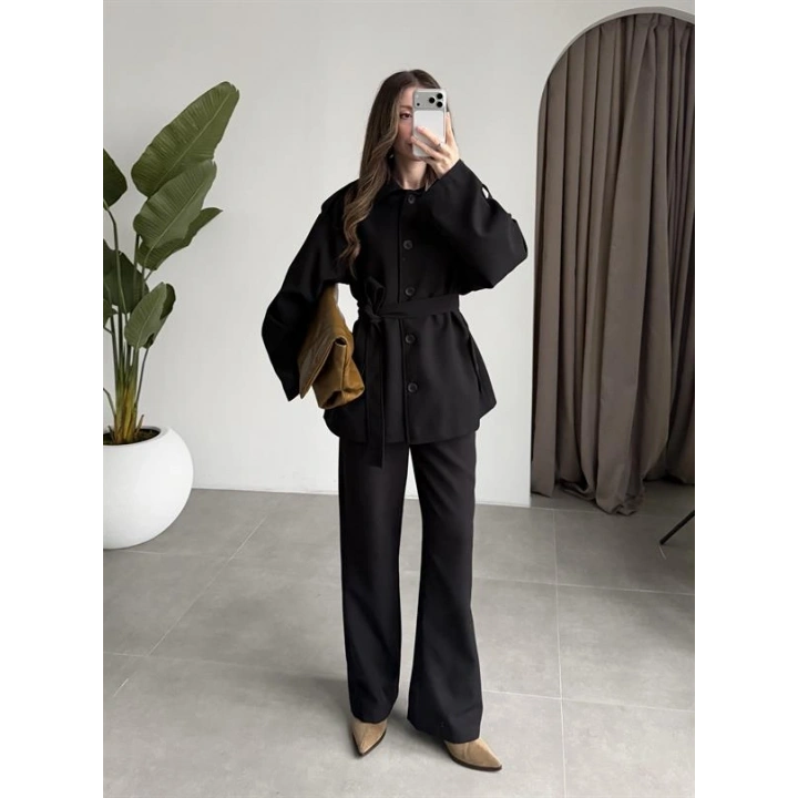 Bella Kuşaklı Astarlı Premium Siyah Trençkot