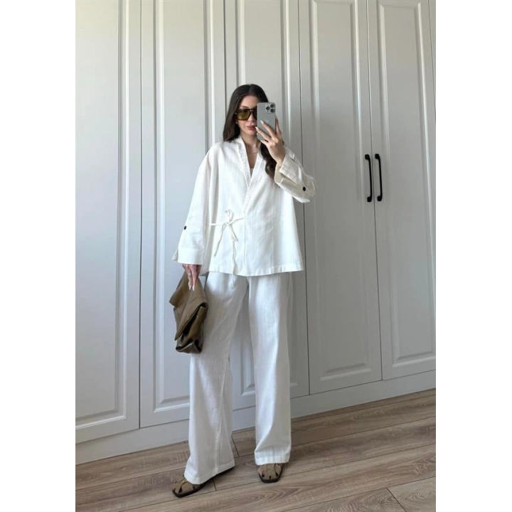 Berlin Ham Keten Beyaz Kimono Takım