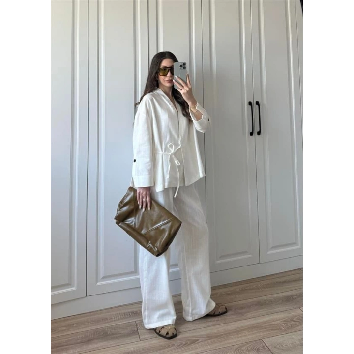 Berlin Ham Keten Beyaz Kimono Takım