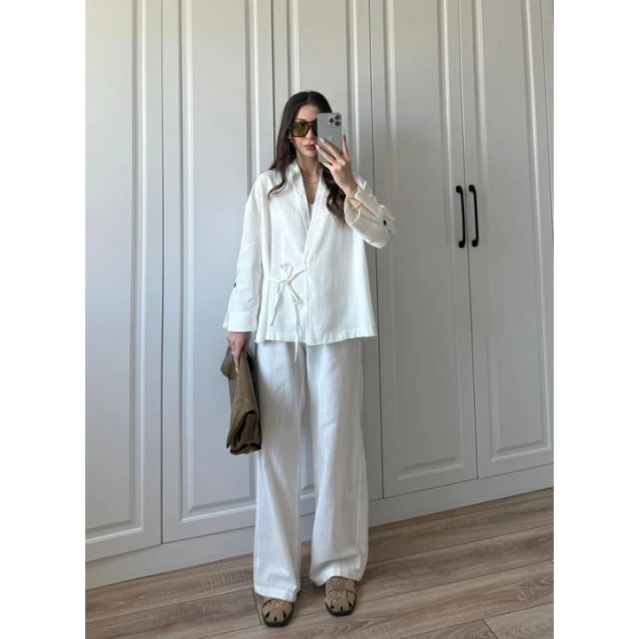 Berlin Ham Keten Beyaz Kimono Takım