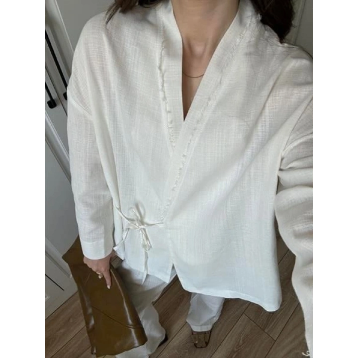 Berlin Ham Keten Beyaz Kimono Takım