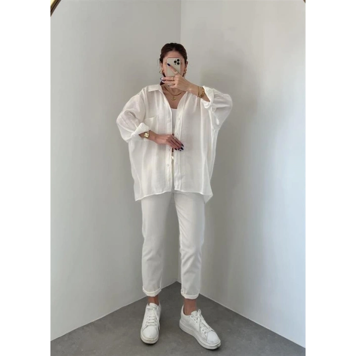 Beyaz Oversize Tensel Gömlek