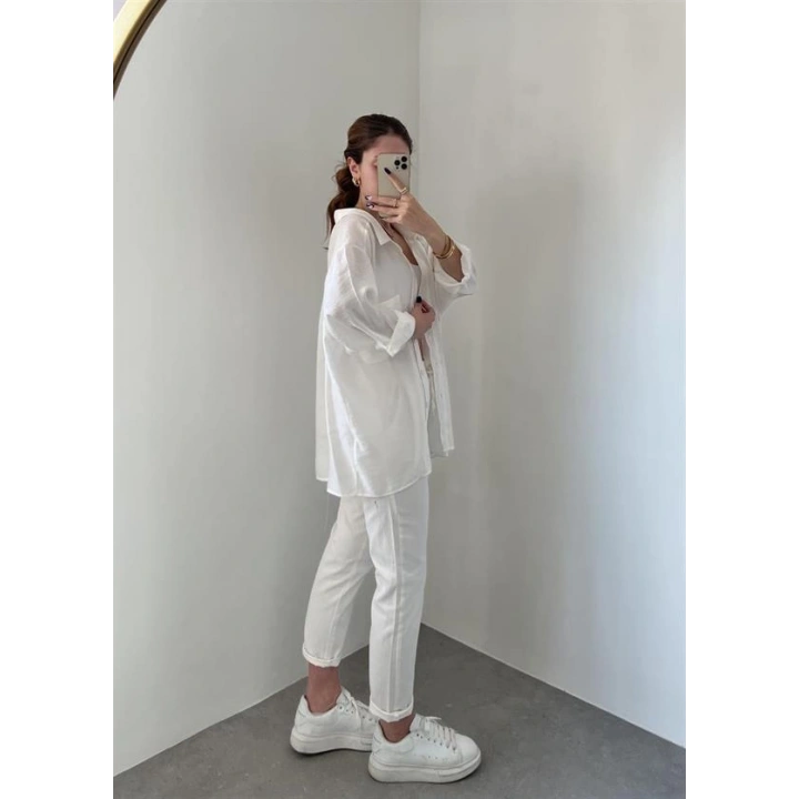 Beyaz Oversize Tensel Gömlek