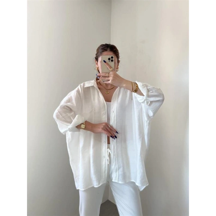 Beyaz Oversize Tensel Gömlek