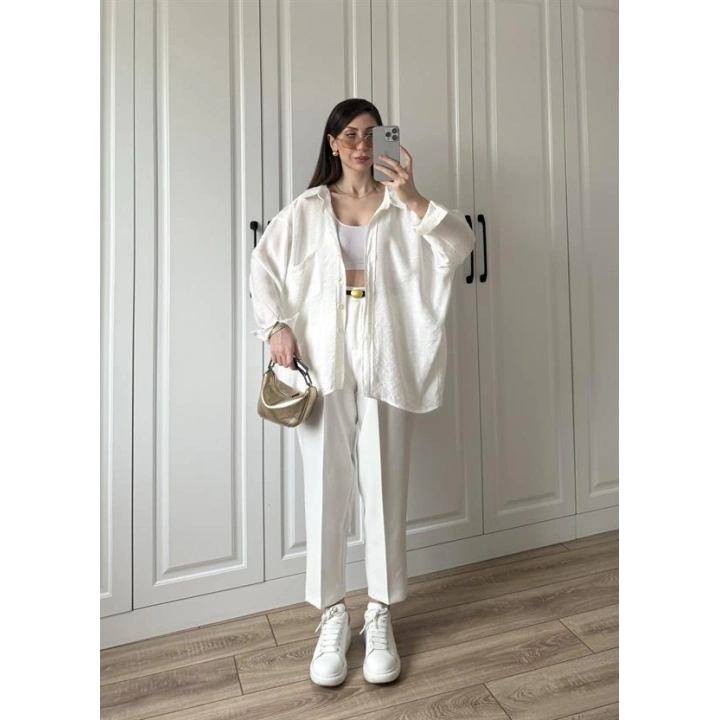 Beyaz Oversize Tensel Gömlek