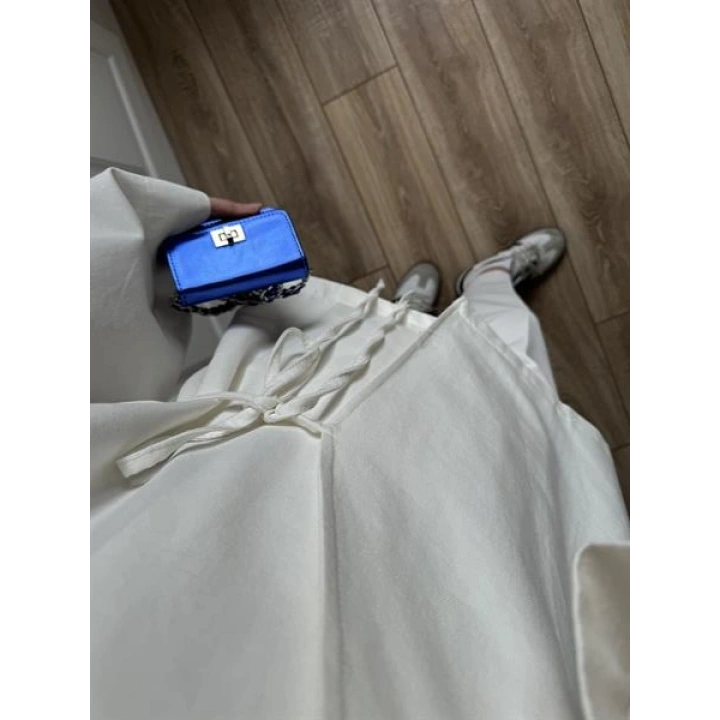 Beyaz Yandan Bağlamalı Gabardin Kimono Ceket