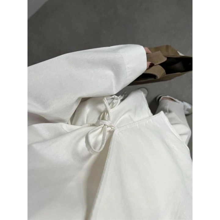 Beyaz Yandan Bağlamalı Gabardin Kimono Ceket