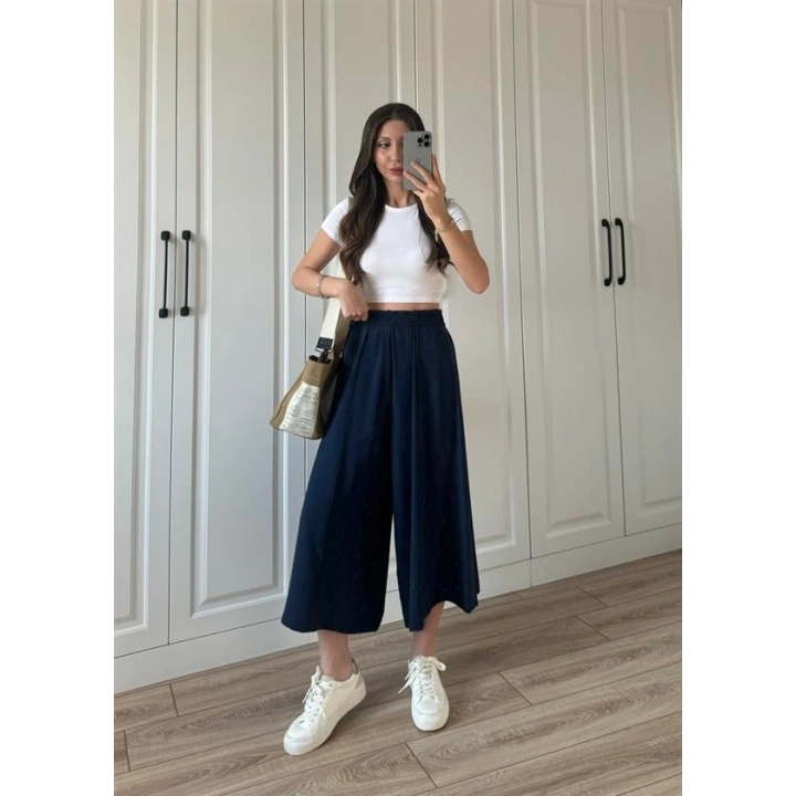 Bilek Boy Geniş Paça Lacivert Pantolon