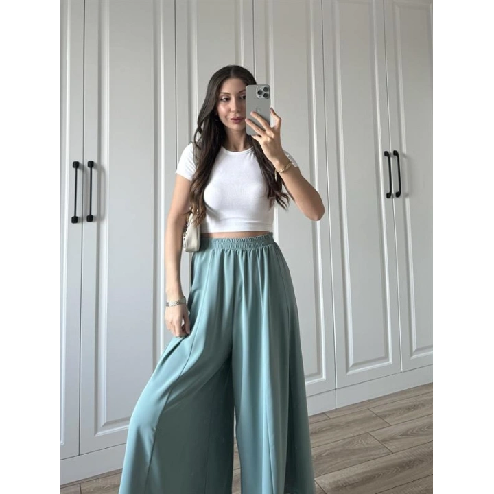 Bilek Boy Geniş Paça Mint Yeşili Pantolon
