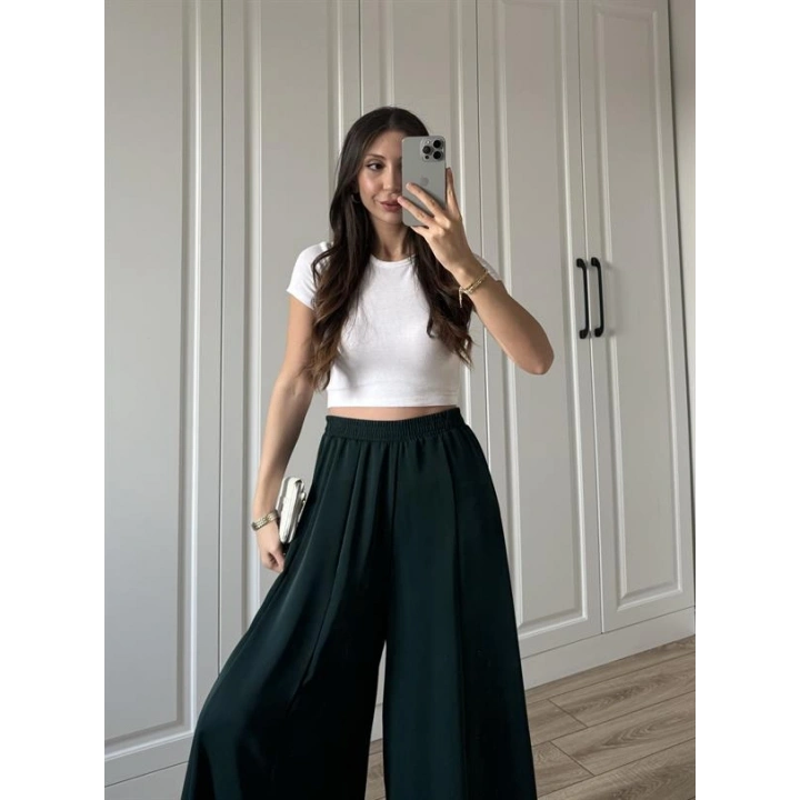 Bilek Boy Geniş Paça Zümrüt Yeşili Pantolon