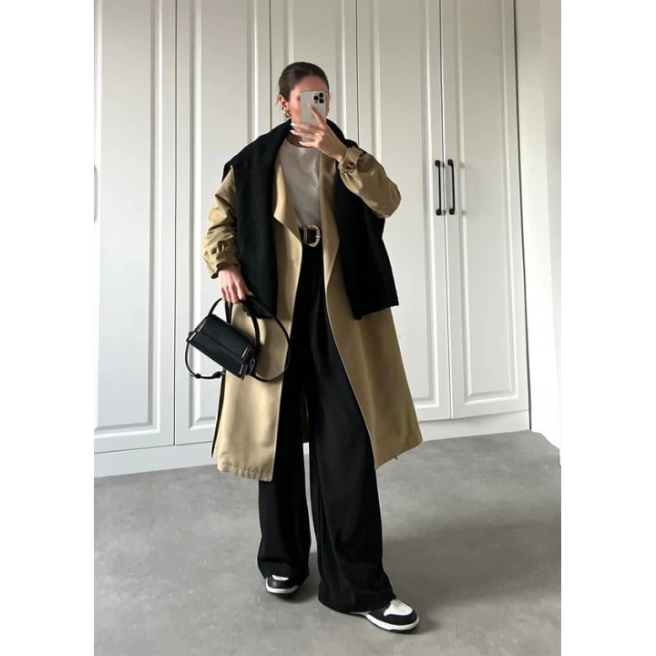 Bilek Detaylı Oversize Kuşaklı Nude Yeşili Trençkot