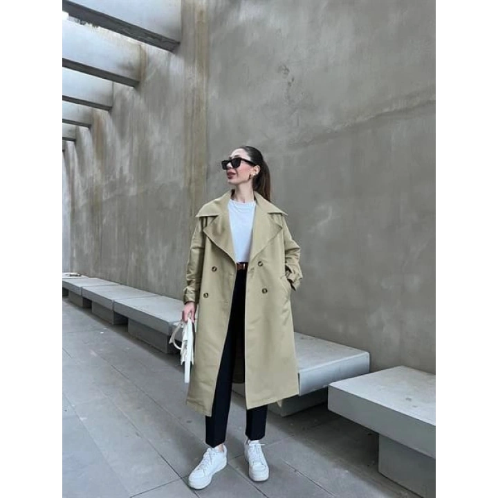 Bilek Detaylı Oversize Kuşaklı Nude Yeşili Trençkot