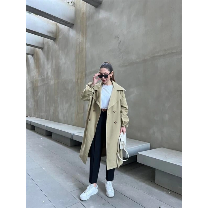 Bilek Detaylı Oversize Kuşaklı Nude Yeşili Trençkot