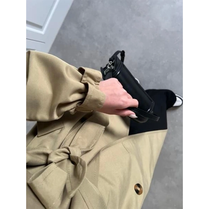 Bilek Detaylı Oversize Kuşaklı Nude Yeşili Trençkot