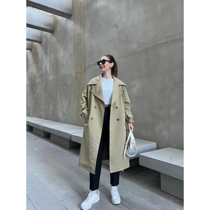 Bilek Detaylı Oversize Kuşaklı Nude Yeşili Trençkot