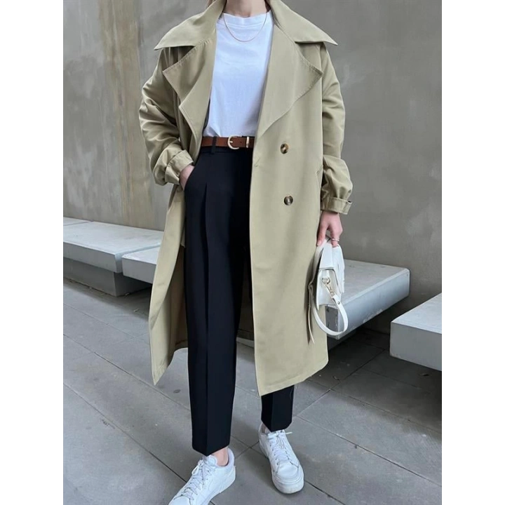 Bilek Detaylı Oversize Kuşaklı Nude Yeşili Trençkot