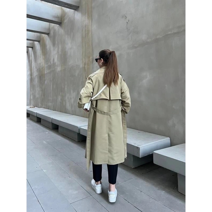 Bilek Detaylı Oversize Kuşaklı Nude Yeşili Trençkot