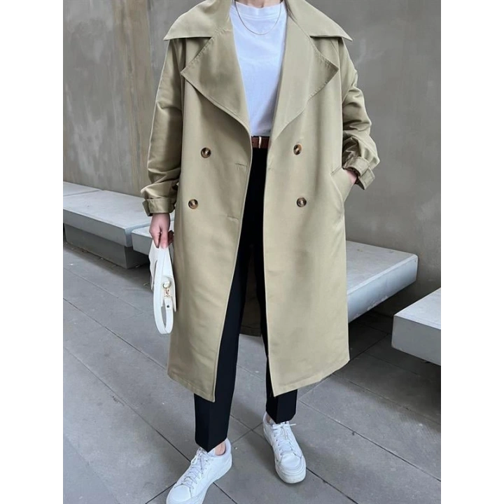 Bilek Detaylı Oversize Kuşaklı Nude Yeşili Trençkot