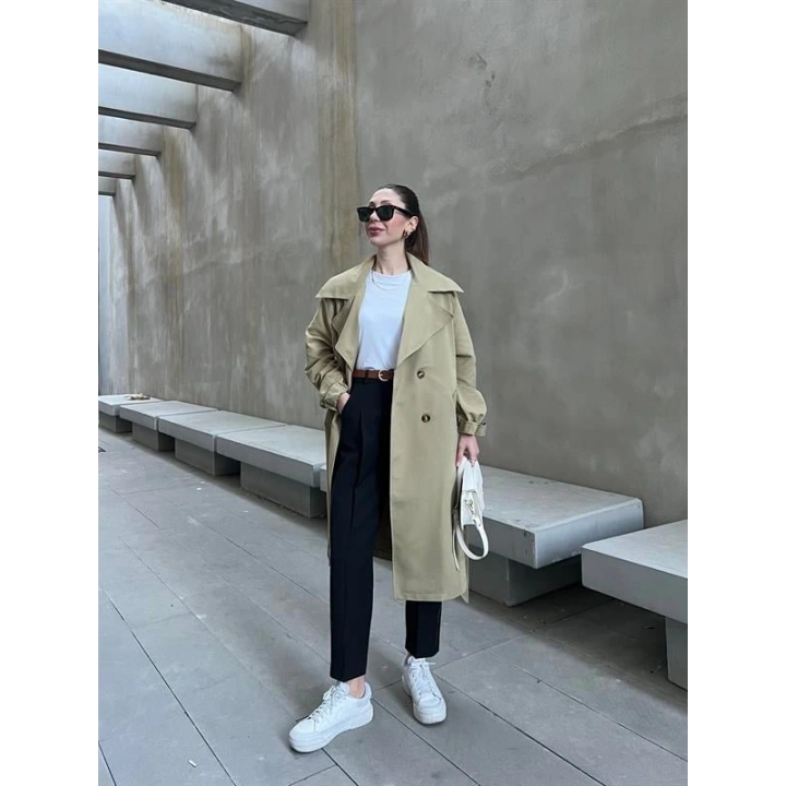 Bilek Detaylı Oversize Kuşaklı Nude Yeşili Trençkot