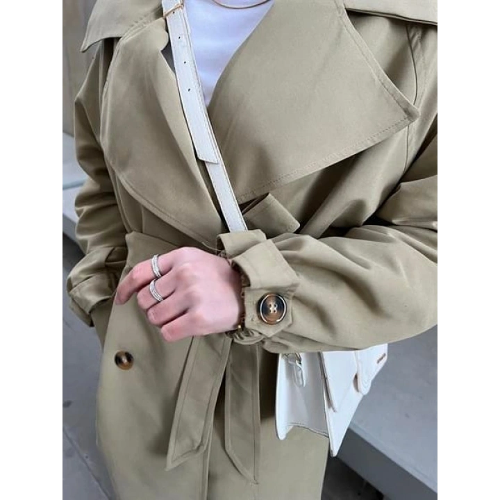 Bilek Detaylı Oversize Kuşaklı Nude Yeşili Trençkot
