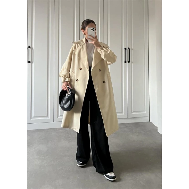 Bilek Detaylı Oversize Kuşaklı Taş Trençkot