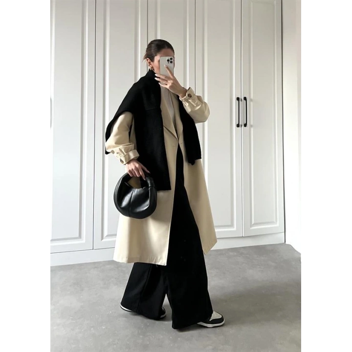 Bilek Detaylı Oversize Kuşaklı Taş Trençkot