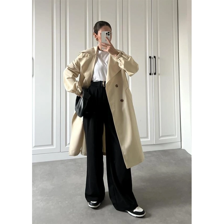 Bilek Detaylı Oversize Kuşaklı Taş Trençkot