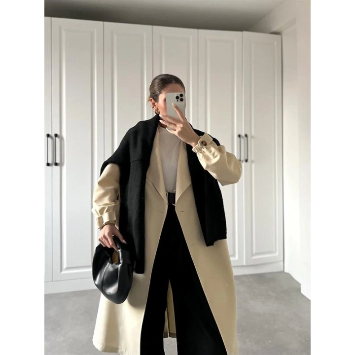 Bilek Detaylı Oversize Kuşaklı Taş Trençkot