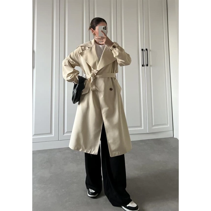 Bilek Detaylı Oversize Kuşaklı Taş Trençkot