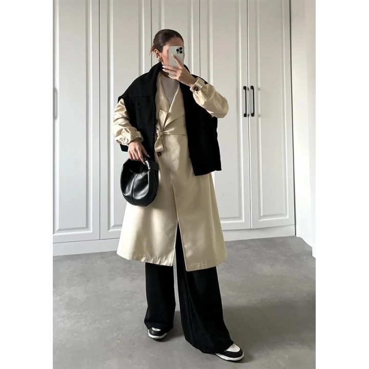 Bilek Detaylı Oversize Kuşaklı Taş Trençkot
