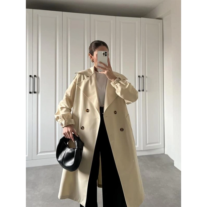 Bilek Detaylı Oversize Kuşaklı Taş Trençkot