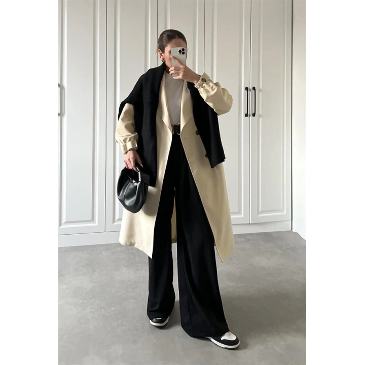 Bilek Detaylı Oversize Kuşaklı Taş Trençkot