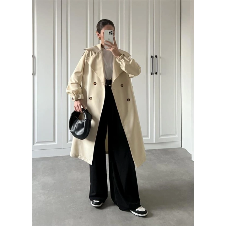 Bilek Detaylı Oversize Kuşaklı Taş Trençkot