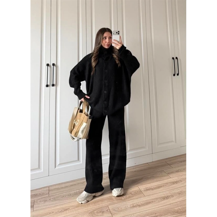 Boğazlı Oversize Siyah Triko Hırka Takım