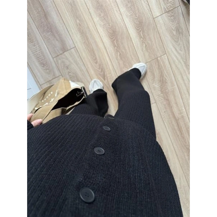 Boğazlı Oversize Siyah Triko Hırka Takım