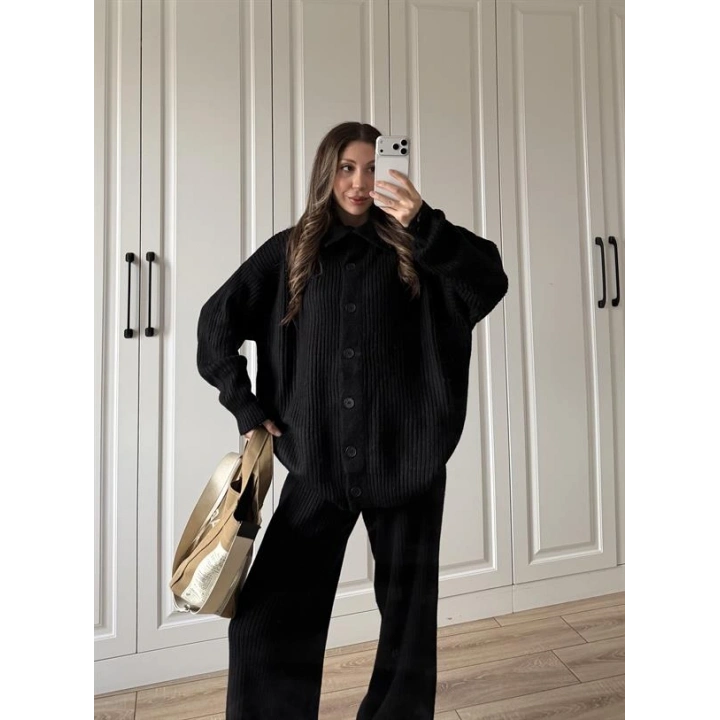 Boğazlı Oversize Siyah Triko Hırka Takım