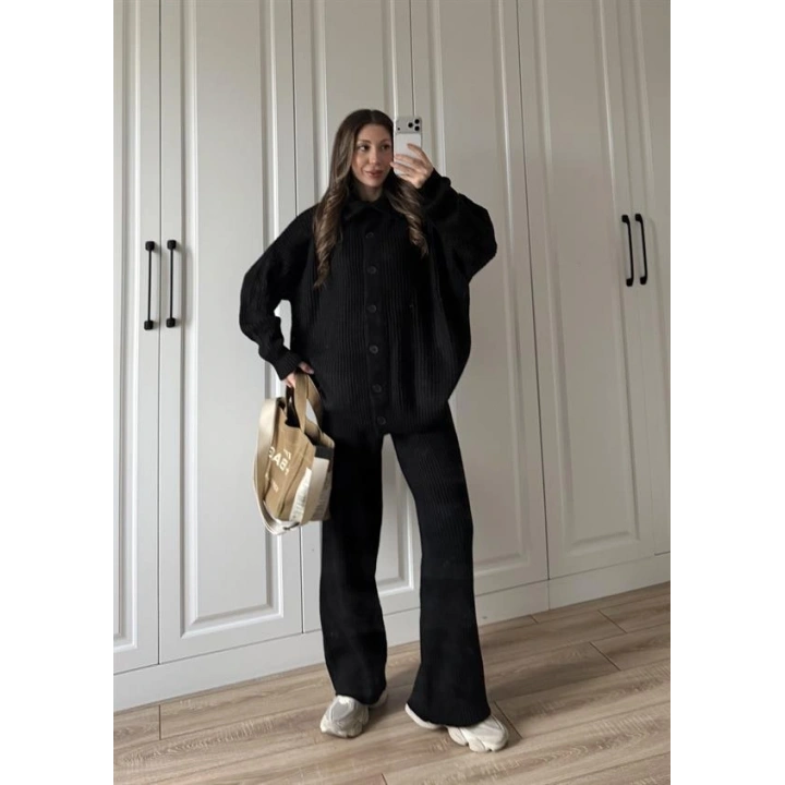 Boğazlı Oversize Siyah Triko Hırka Takım