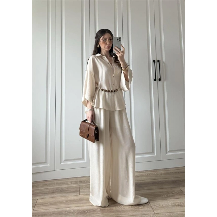 Bohem Kemerli Krinkıl Krem Oversize Takım